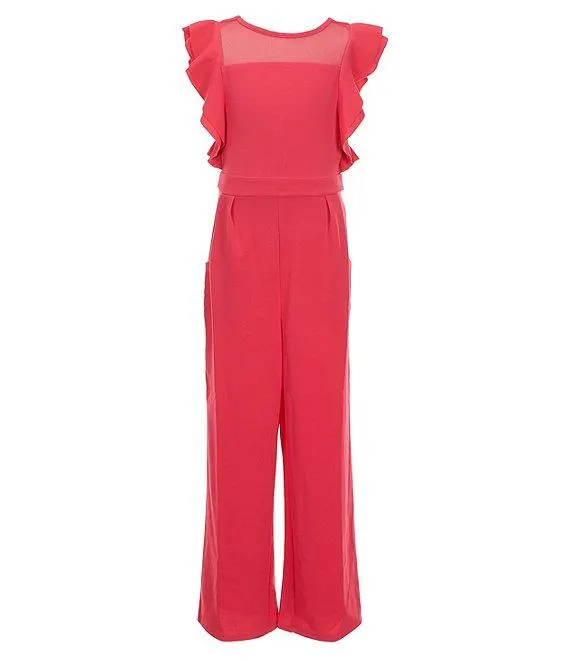 Big Girls Mesh Round Neck Ruffle Jumpsuit