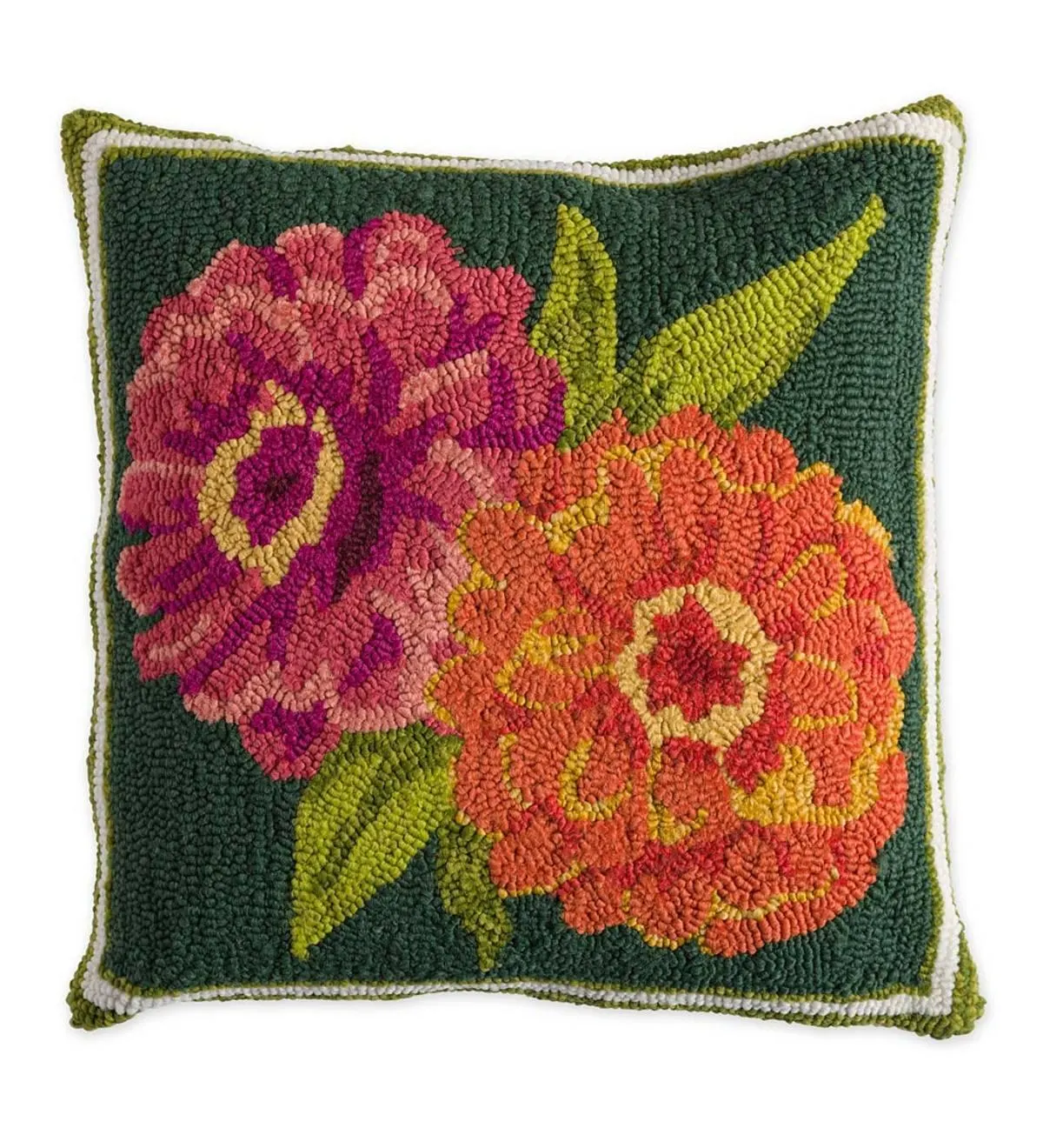 Indoor/Outdoor Double Zinnia Hooked Throw Pillow