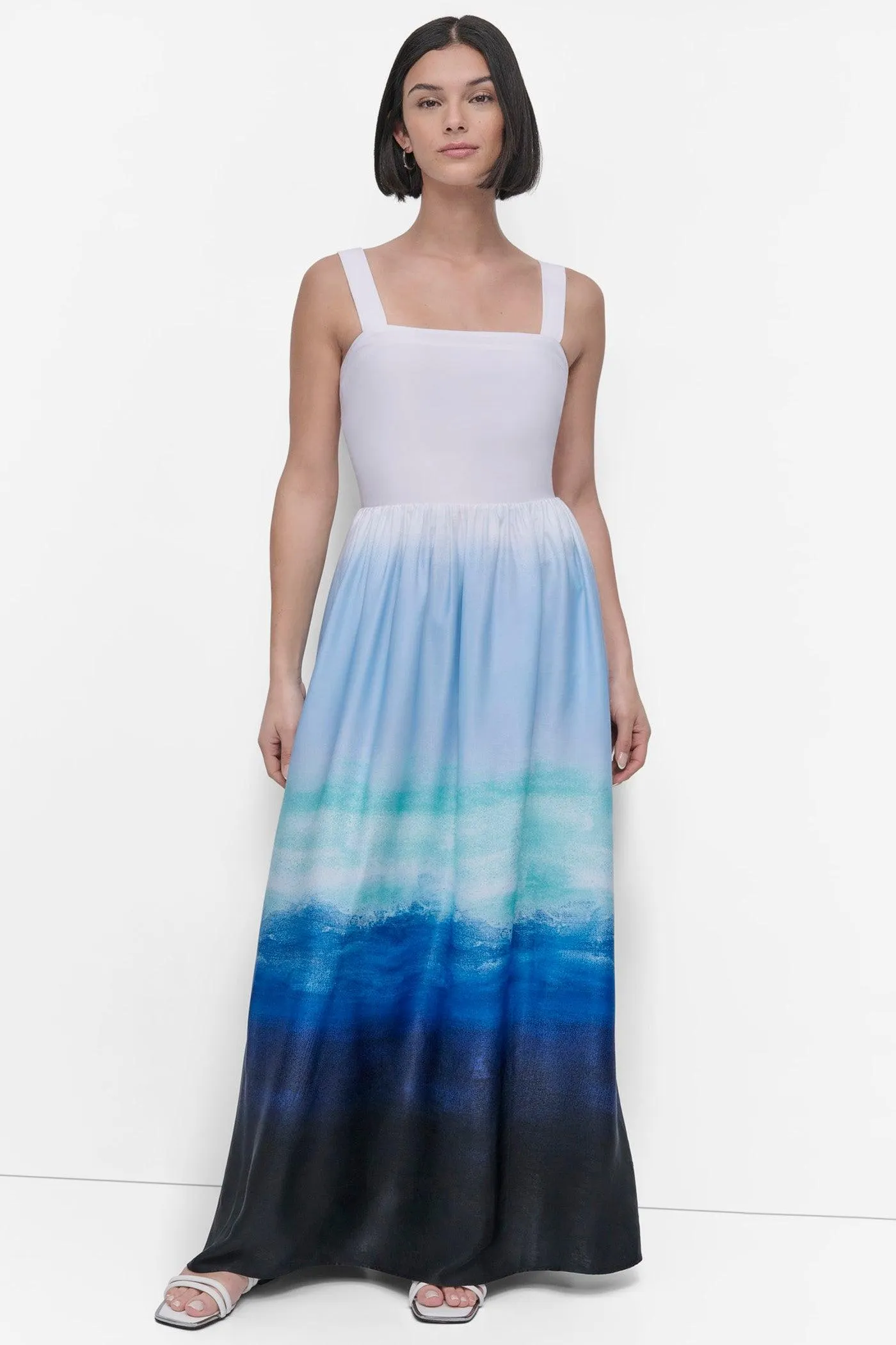SLEEVELESS PRINTED SATIN DRESS