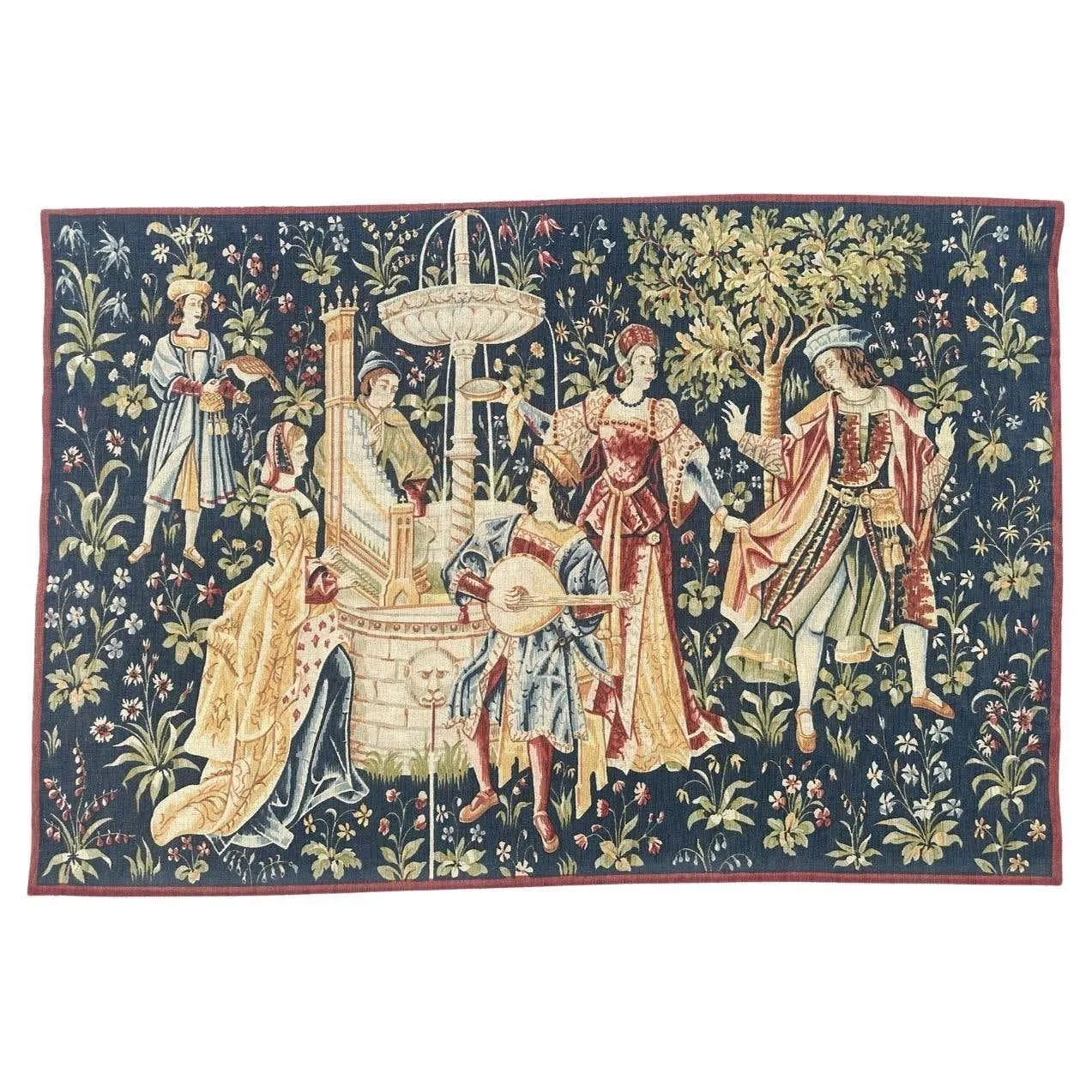 Wonderful Vintage French screen printed by hand Tapestry “fountain concert”