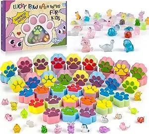 Bath Bombs for Kids With Surprise Inside, 40 Large Number Pack Paw Shape Gift Set, Natural Organic Bubble Bath Fizzy for Girls Boys With Bath Toys Inside