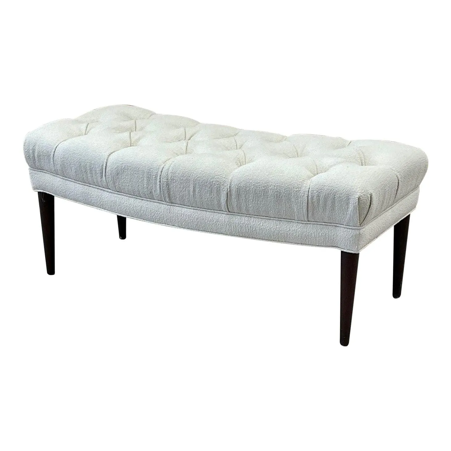 Mid-Century Modern Tufted Bench, Piano Stool, American Designer, Freefoam, Ebony Wood, Bouclé