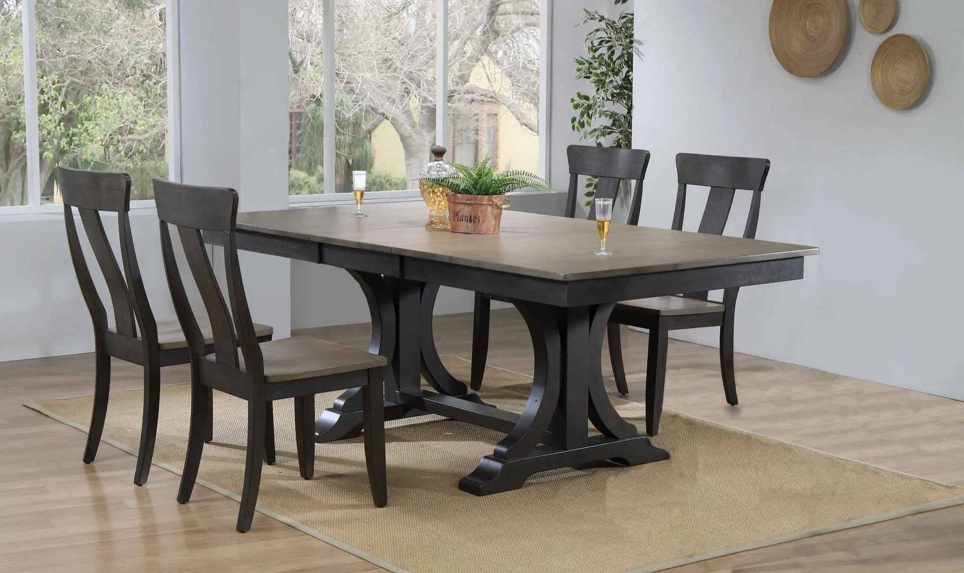 Iconic Furniture Double Deco Antique Grey Stone & Black Stone Panel Back Dining Set