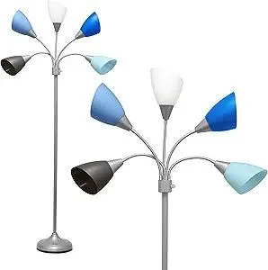 Simple Designs LF2006-SBG 67" Contemporary Multi Head Medusa 5 Light Adjustable Gooseneck Silver Floor Lamp with Blue, White, Gray Shades for Kids Bedroom Playroom Living Room Office