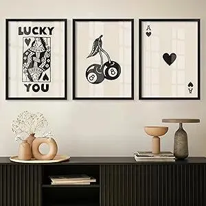 Heiple Framed Set of 3 Poker Wall Art Lucky You Poster, Trendy Retro Print Wall Decor for Queen of Hearts Wall Art Rustic Vintage Farmhouse Home Wall Decor（Black 12"x16"）