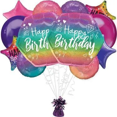 Premium Ombre Sparkle Birthday Foil Balloon Bouquet with Balloon Weight, 13pc