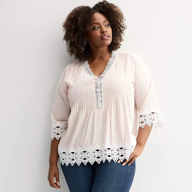 Plus Size Catherine Malandrino Elbow Sleeve V-Neck Button Front Top