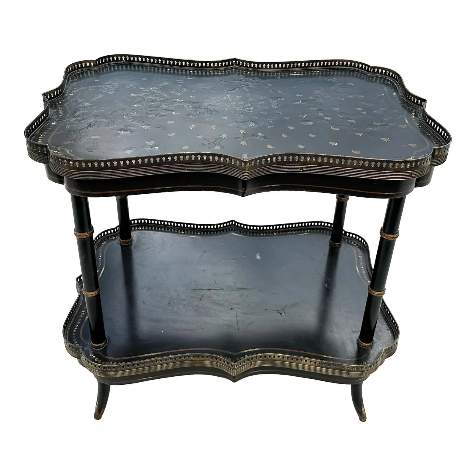 Vintage Two Tier Painted Faux Bamboo Ebonized Etagere With Decorative Brass Edges