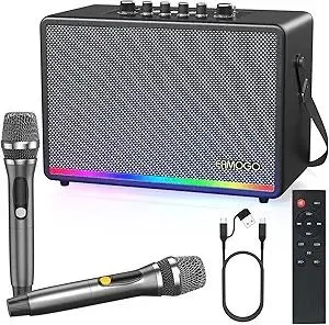 Portable Bluetooth Speaker with 2 Wireless Mics | 70W Peak Deep Bass Birchwood Cabinet | Bluetooth PA System for Outdoor Camping, Backyard| Dynamic LED Lights, USB/AUX/OTG, Rechargeable Battery(Black)
