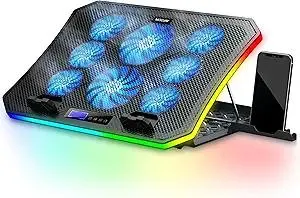 Laptop Cooling Pad RGB Gaming Notebook Cooler for Desk and Lap Use, MOOJAY Laptop Fan Stand 8 Adjustable Heights with 8 Quiet Fans and Phone Holder, for 15.6-17.3 Inch Laptops - Blue LED Light