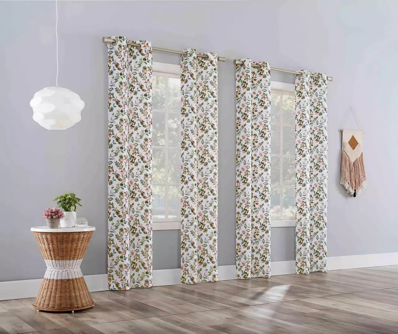 Eloise White, Pink & Green Floral Room-Darkening 4-Piece Curtain Panel Set, (84")