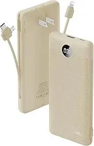 Portable Charger Built-in Cables and AC Wall Plug, USB C Power Bank 10000mAh, Travel Battery Portable Phone Charger Compact Lightweight External Battery Pack for Smart Phones, Tablets etc-Light Coffee