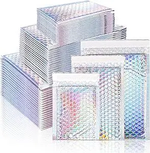 50 Pieces Metallic Bubble Mailers, Self-Seal Poly Padded Envelopes, Waterproof Holographic Bubble Shipping Envelopes for Mailing, Packing, Small Business