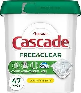 Cascade Free & Clear Dishwasher Pods, Dishwasher Detergent, Dish Detergent Soap, Lemon Essence, 47 Count