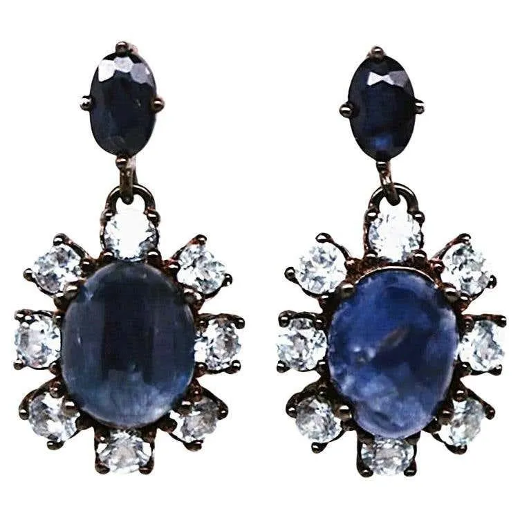 New 4.14 Carat Sapphire & Diamond Cut Topaz Oxi-Black Sterling Silver Earrings