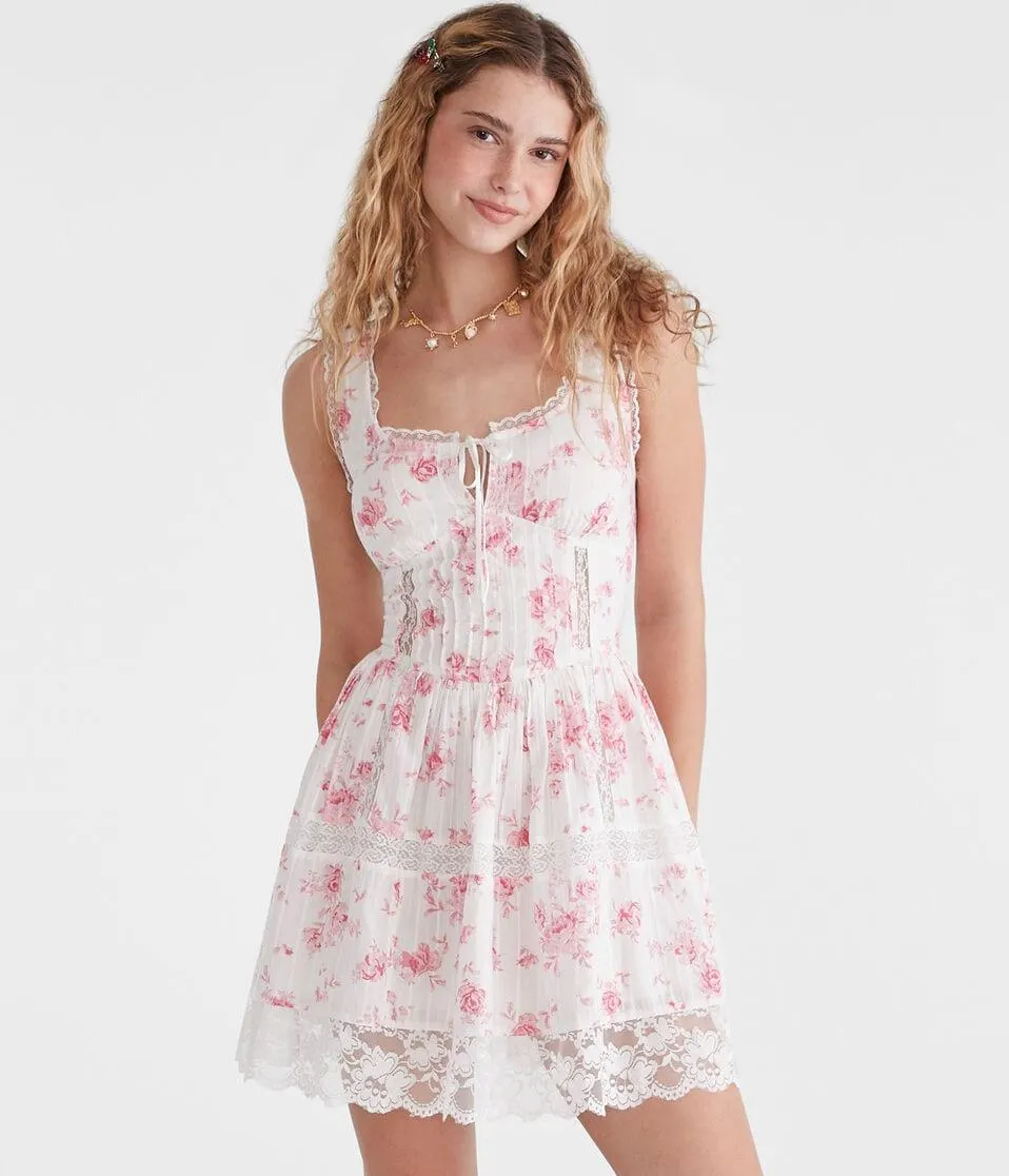 Floral Scoop-Neck Corset Lace Mini Dress
