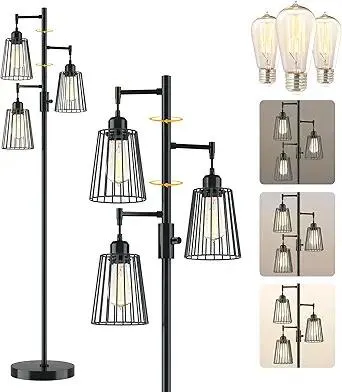 COFF Industrial Floor Lamp, 3 x 1200LM Edison LED Bulbs Included, Bright 3-Light Dimmable Floor Lamp, Farmhouse Tall Standing Lamp for Living Room, Bedroom Office Rustic Home Decor (Matte Black)