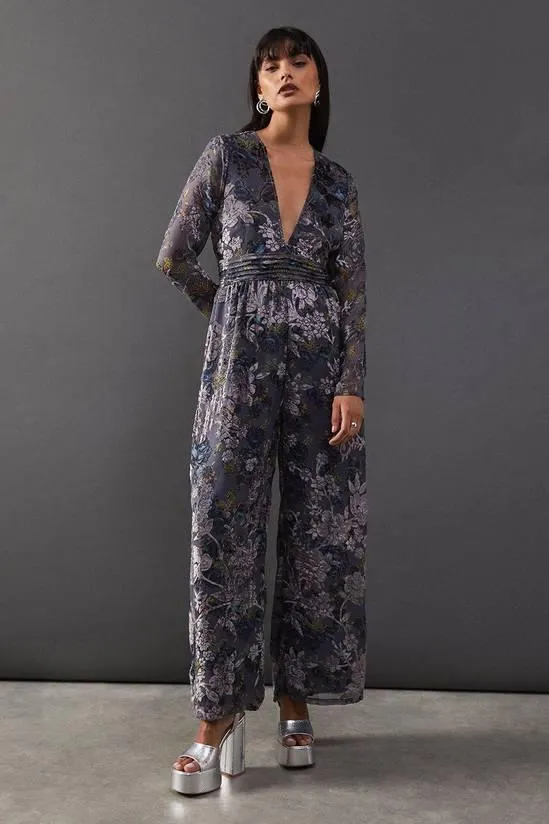 Burnout Velvet Plunge Neck Waisted Jumpsuit