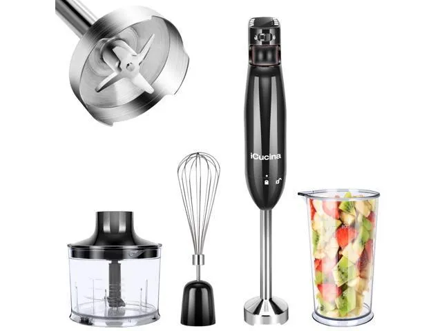 iCucina 3-in-1 Immersion Hand Blender, Powerful 400W DC Motor, Variable Speed Stick Blender with Whisk, Chopper, and Measuring Cups for Smoothies, Soups and baby foods, Black