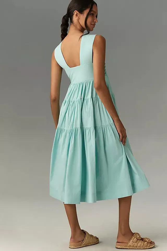 By Anthropologie Square-Neck Smocked Tiered Midi Dress