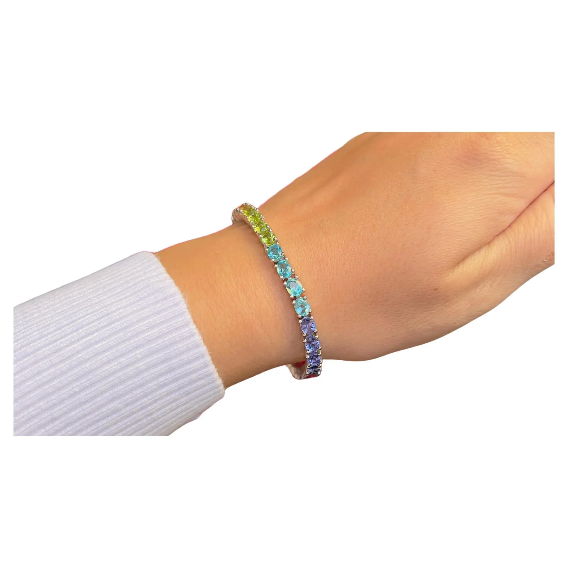 Natural Multi Stone 12 Carat Rainbow Tennis Bracelet Set In Silver