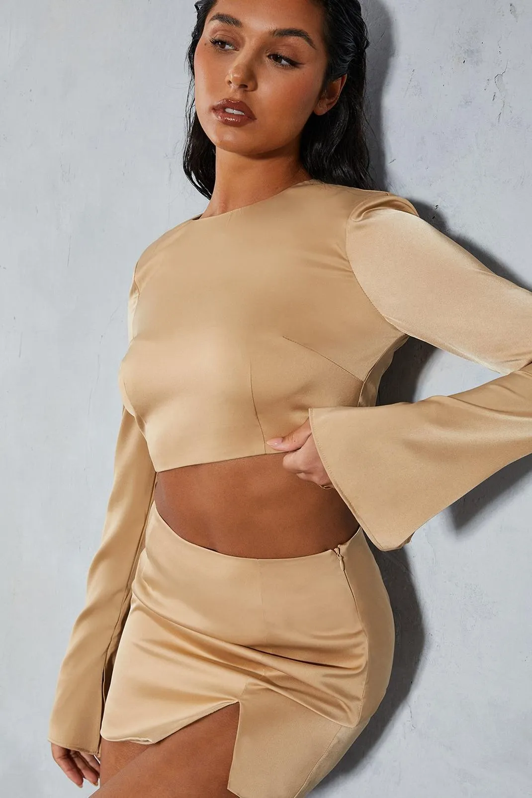 Premium Satin Shoulder Pad Split Skirt Co-ord