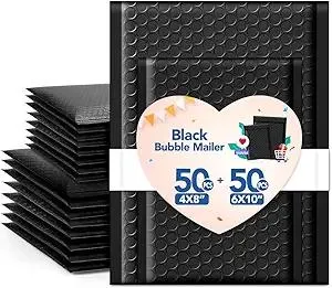 GSSUSA Bubble Mailer 100 Pack Small Padded Envelope with 4x8'' & 6x10'' Strong Adhesion Cute Padded Mailer,Self-Seal Bubble Envelope Mailing for Small Business, Black Bubble Mailers Shipping Envelopes