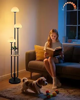 Dimmable Boho Floor Lamps with Table, 3-Lights Rattan Floor Lamp with Shelves, 3000K Warmwhite Candle Holder Style Farmhouse Floor Lamp, Rustic Black Standing Lamp for Living Room Bedroom