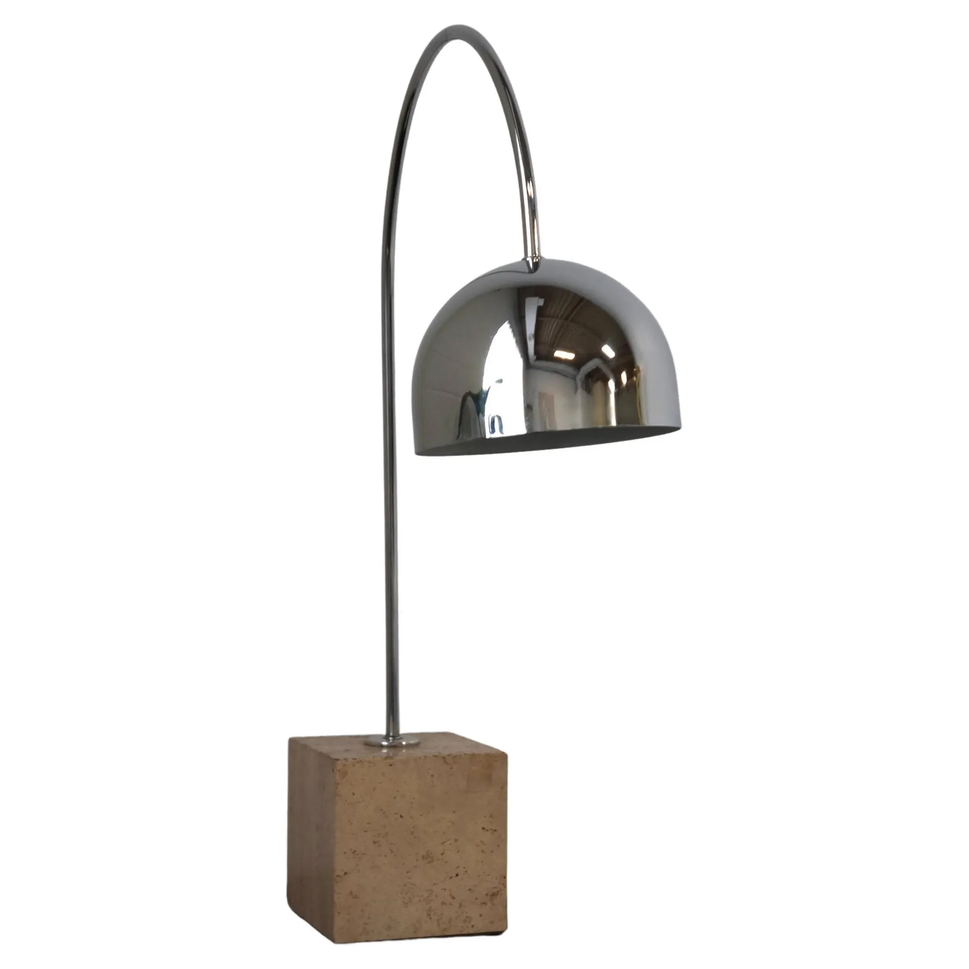 Harvey Guzzini Chrome and Travertine Base Arc Table Lamp