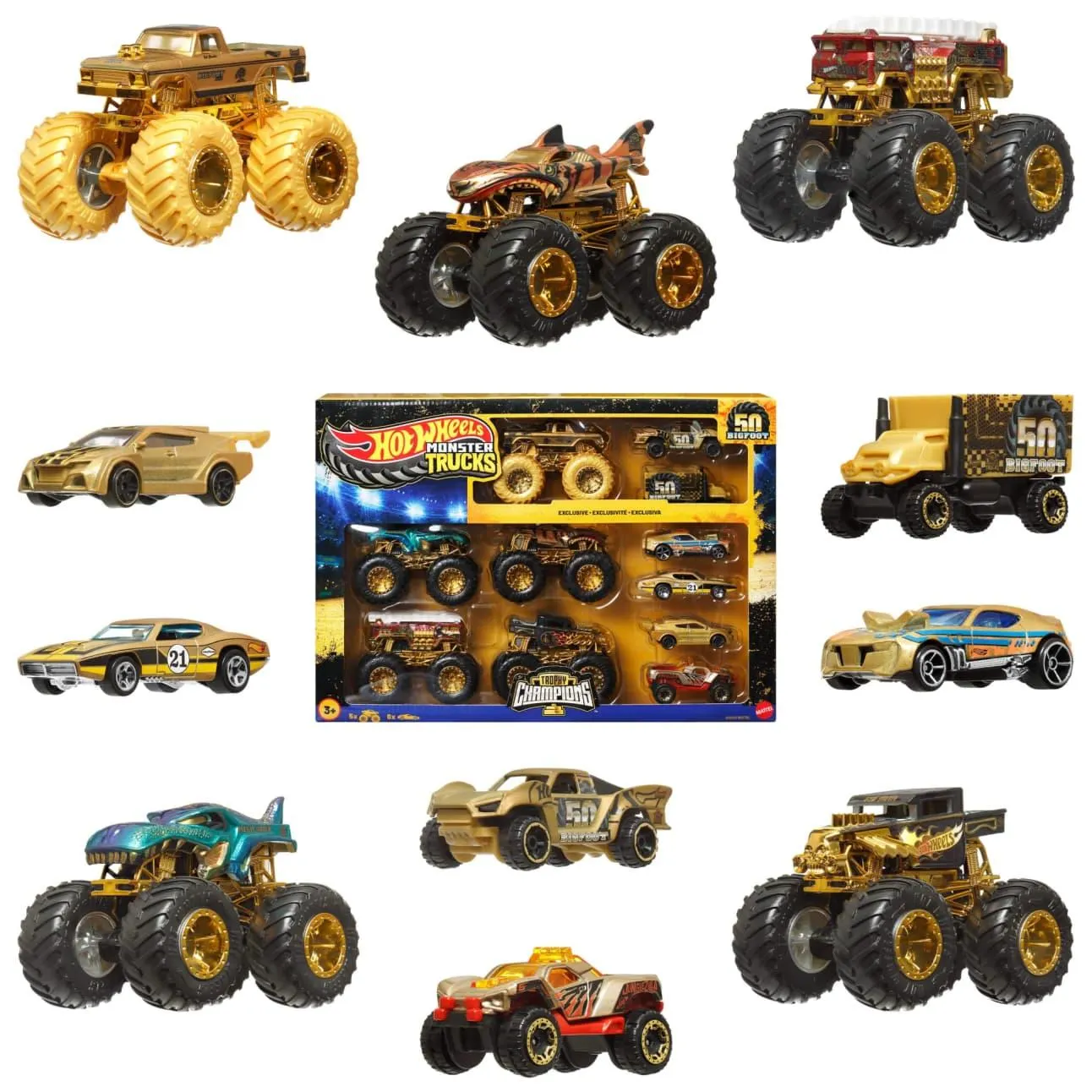 Hot Wheels Monster Trucks Trophy Champions Collection, 5 1:64 Scale Toy Trucks & 6 Die-Cast Cars