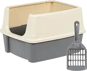 Amazon Basics Large Cat Litter Box with High Sides, Open Top, Includes Scoop, 19 x 15 x 11.75 inches, Grey/Beige