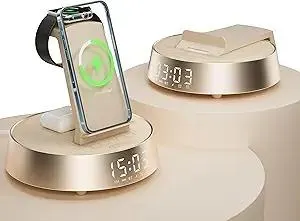 7 in 1 Wireless Charging Station, Alarm Clock for Bedroom with Dimmable Night Light Bluetooth Speaker, Dock Station for iPhone 16 15 14 13 12 11 Pro Max, Apple Watch, AirPods Pro