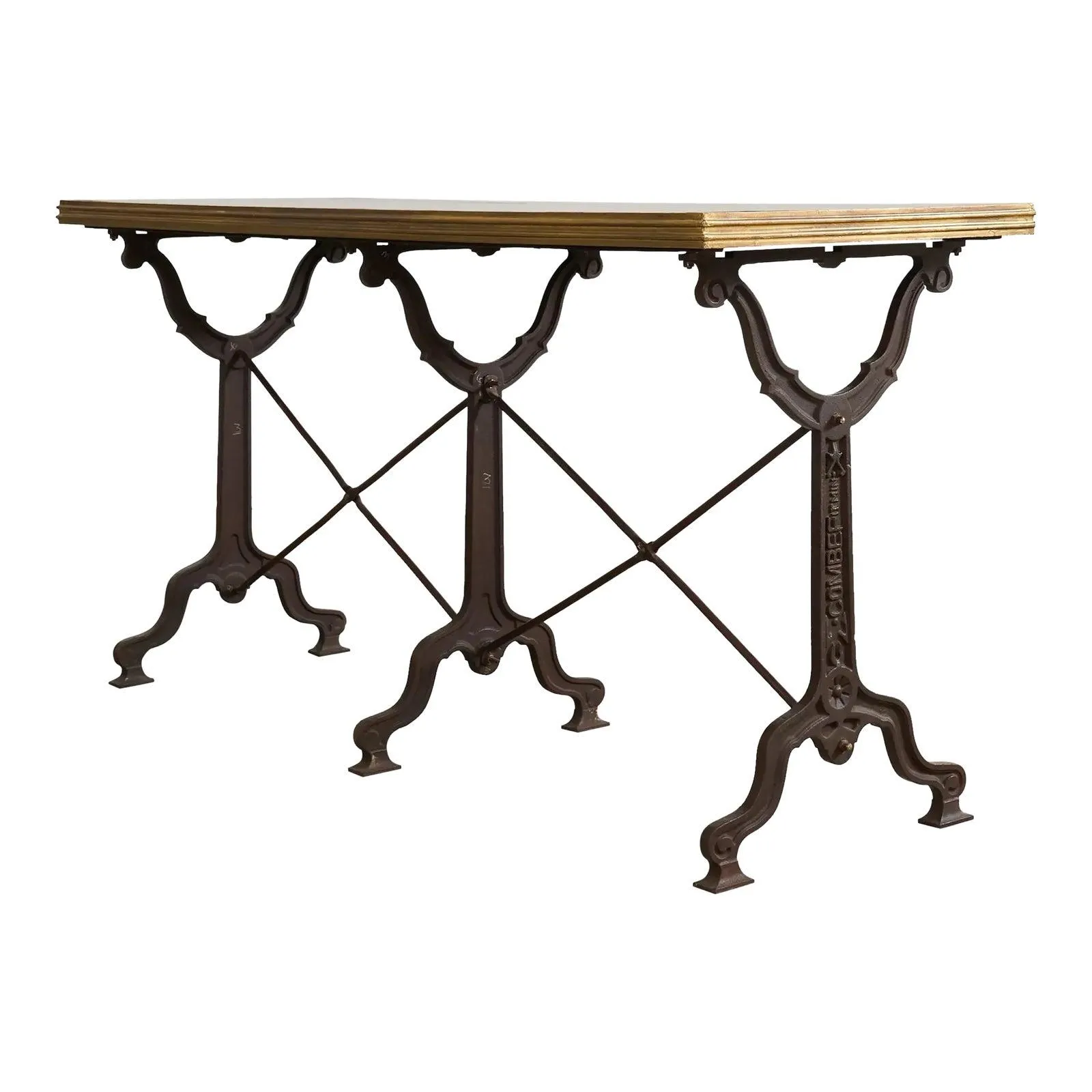 French Art Nouveau Triple Pedestal Iron Bronze Table