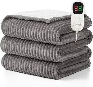 Homemate Heated Blanket Electric Throw - 50"x60" Heating Blanket Throw 1/2/4/6/8 Hours Auto-Off 10 Heat Levels Over-Heat Protection Soft Flannel Sherpa Heater ETL Certification