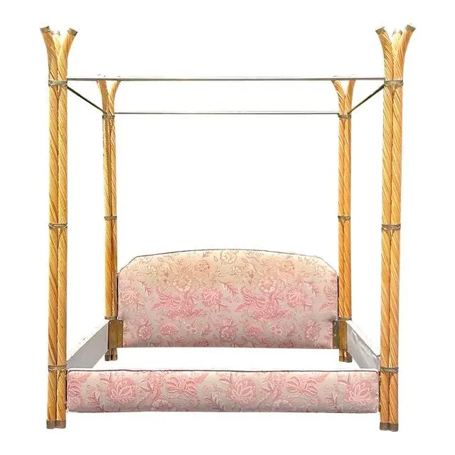 Vintage Coastal Twisted Pencil Reed and Brass King Canopy Bed