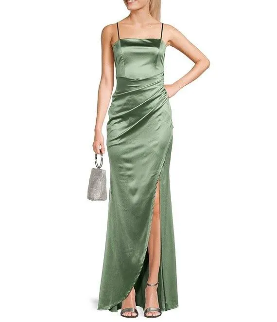 Spaghetti-Strap Square-Neck Faux-Wrap Slit Hem Stretch Satin Long Dress