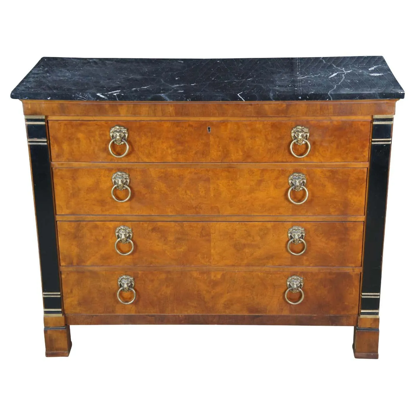 Drexel Heritage French Empire Style Walnut Burl Marble Top Commode Chest Dresser