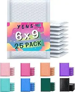 Yens Poly Bubble Mailers 6x10 25 Pack White Waterproof Self Seal Adhesive Shipping Bags, Cushioning Padded Envelopes for Shipping, Mailing, Packaging Usable 6x9