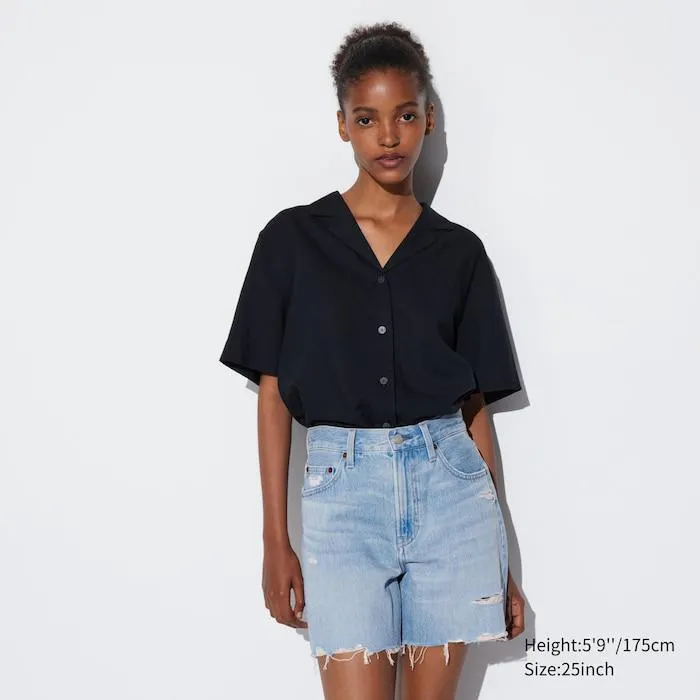 High-Rise Baggy Denim Shorts (Distressed)