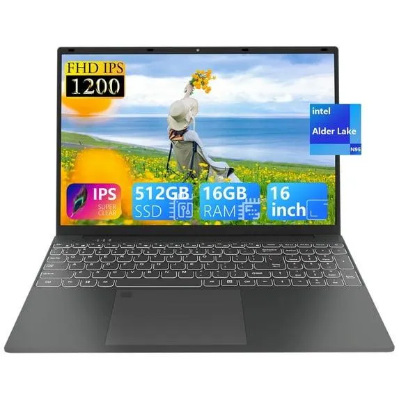 SANPTENT 16 inch 1920x1200 IPS FHD Laptop Computer, 16GB DDR4 RAM 512GB SSD, Intel Quad-Core Alder Lake N95, UHD Graphics, Wi-Fi, Bluetooth, Backlit Keyboard, Fingerprint, Windows 11 Pro