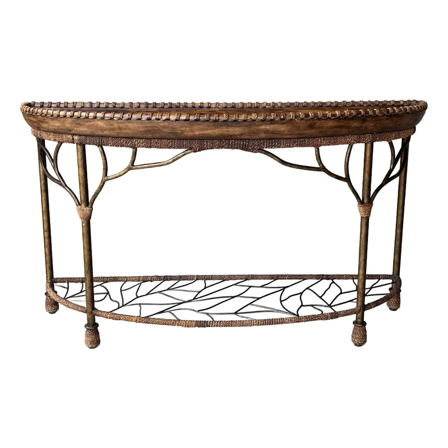 Bernhardt Late 20th Century Mango Wood & Iron Faux Bois Regency-Style Demilune Console Table