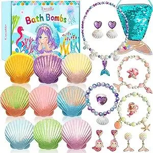 Mermaid Bath Bombs for Girls Kids with Toys Inside, 9 Pcs Natural Handmade Shell Bubble Bath Bomb Kit for Girls with Jewelry Surprise, Pefect for Christmas Easter Birthday Gift Princess Party Favor