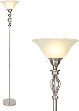 HonoDing Torchiere Floor Lamps for Living Room & Bedroom – Stand Up Lamp with Corner Floor Lamp Design – Traditional Iron Scroll 70" Tall Alabaster Glass Bowl Shade (Brushed Nickel)