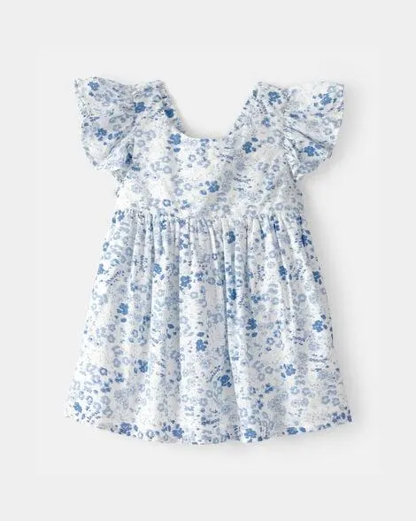 Baby Girl Floral Ruffle Dress - Blue/White