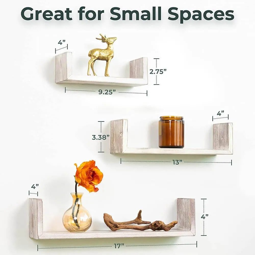 Greenco Floating "U" Wall-Mounted Shelves, Set of 3, Rustic Finish