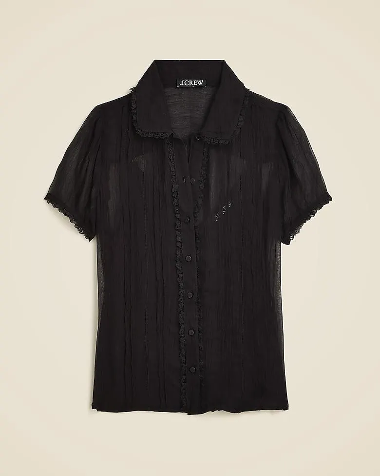 Sheer lace-trim button-up shirt