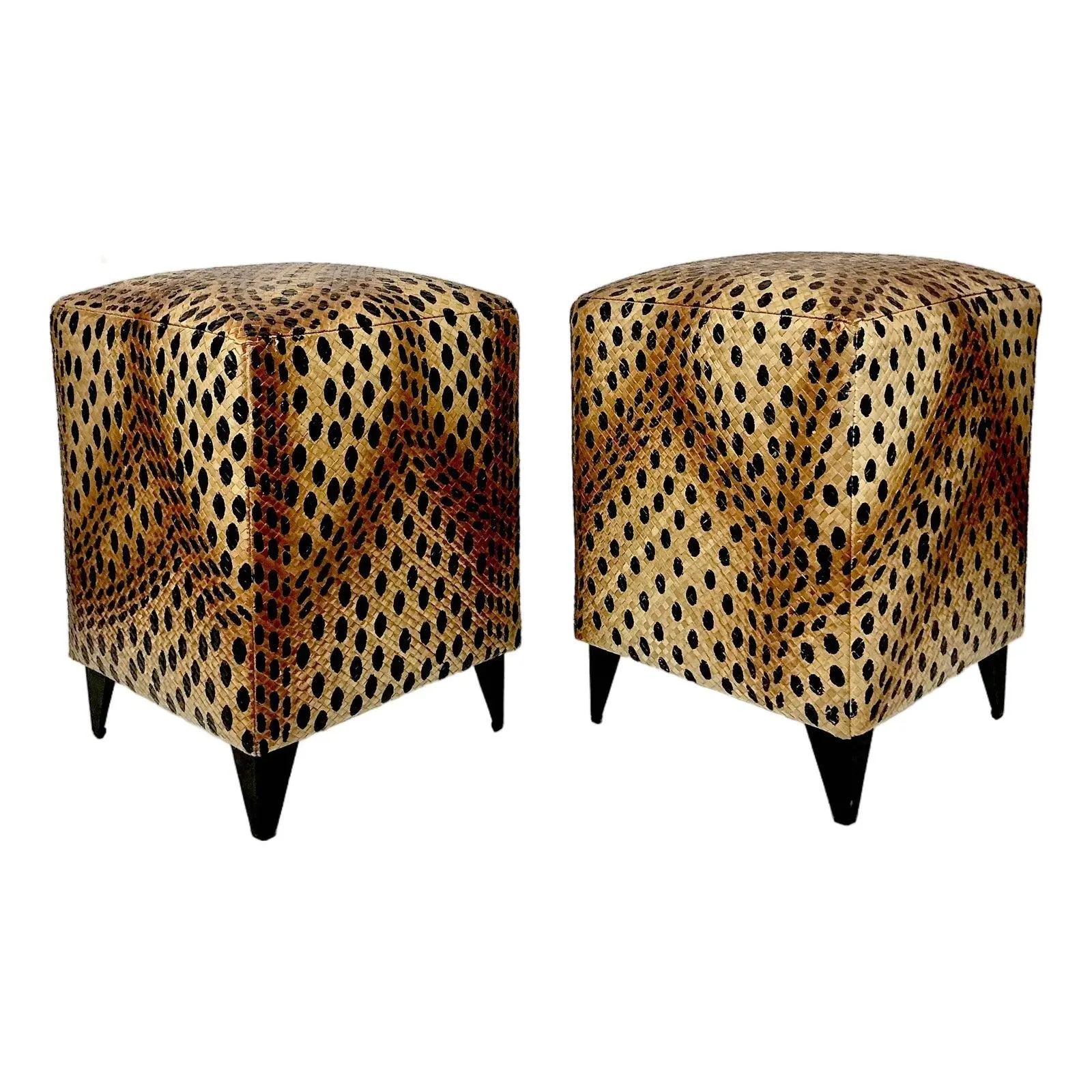 Vintage Boho Chic Hollywood Regency Coastal Leopard Woven Rattan Stools - A Pair.