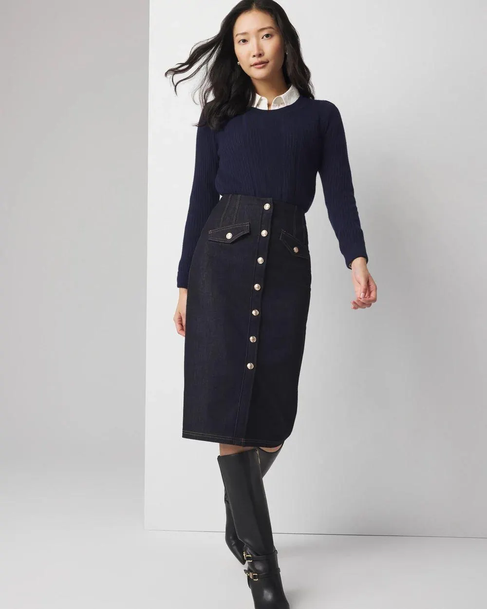 Button Front Denim Midi Skirt