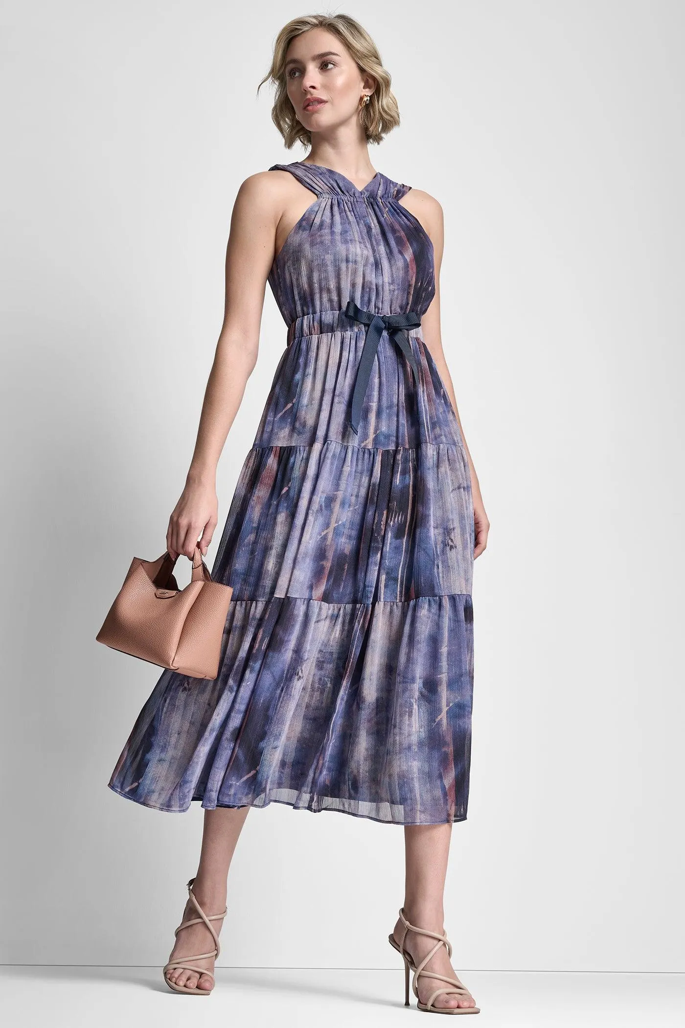 PLEATED CHIFFON TIE-WAIST MIDI DRESS
