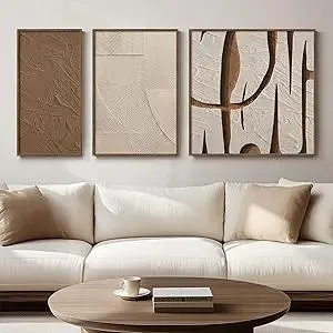 Framed Neutral Abstract Wall Art, Set of 3 Modern 2D Canvas Prints Paintings Artwork for Walls, Minimalist Beige Brown Abstract Pictures for Living Room Dining Room Bedroom Hallway Office Wall Decor